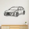 Black metal line art of an Audi RS6 Avant on a white wall.