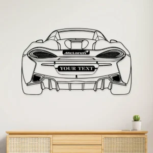 Black metal McLaren 570S Spider silhouette wall art with custom text.
