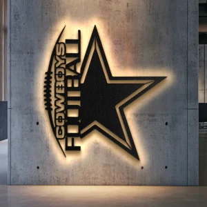 Black metal Dallas Cowboys football star logo wall art with bright LED backlight.