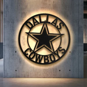 Black metal Dallas Cowboys star logo wall art with optional LED backlight.