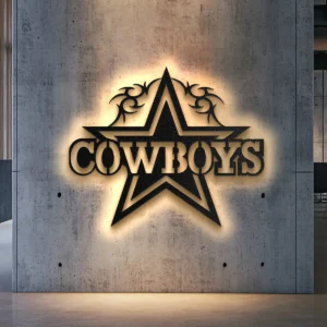 Black metal Dallas Cowboys star logo wall art with tribal design.