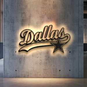 Dallas Cowboys script logo metal wall art with warm LED backlight.