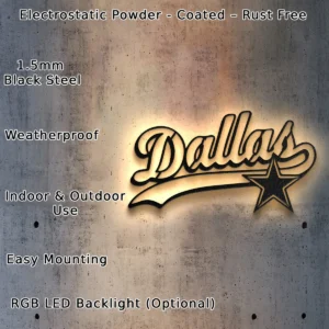 Dallas Cowboys Script Metal Sign, Iconic Star Design, Optional LED Backlight, Football Fan Gift