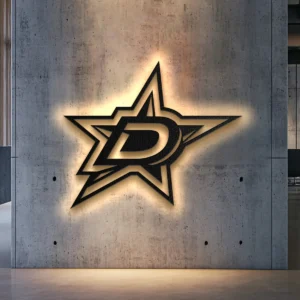 Black metal Dallas Stars logo wall art with LED backlight.