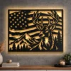 Oversized rustic metal wall art featuring a deer and American flag.