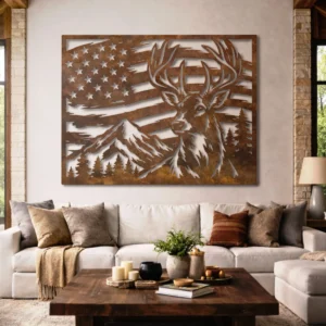 Deer American Flag Metal Wall Art, Oversized Rustic Patriotic Decor, Mountain Wildlife Sign, Optional RGB LED, Hunter Gift