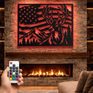 Deer American Flag Metal Wall Art, Oversized Rustic Patriotic Decor, Mountain Wildlife Sign, Optional RGB LED, Hunter Gift