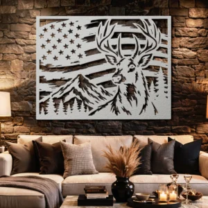 Deer American Flag Metal Wall Art, Oversized Rustic Patriotic Decor, Mountain Wildlife Sign, Optional RGB LED, Hunter Gift