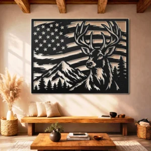 Deer American Flag Metal Wall Art, Oversized Rustic Patriotic Decor, Mountain Wildlife Sign, Optional RGB LED, Hunter Gift