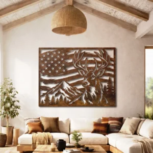 Deer American Flag Metal Wall Art, Oversized Rustic Patriotic Decor, Mountain Wildlife Sign, Optional RGB LED, Hunter Gift