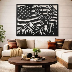 Deer American Flag Metal Wall Art, Oversized Rustic Patriotic Decor, Mountain Wildlife Sign, Optional RGB LED, Hunter Gift