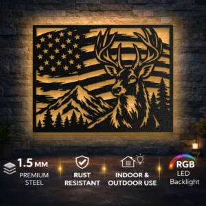 Deer American Flag Metal Wall Art, Oversized Rustic Patriotic Decor, Mountain Wildlife Sign, Optional RGB LED, Hunter Gift