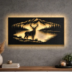 Oversized rustic metal wall art featuring a majestic deer by a mountain lake