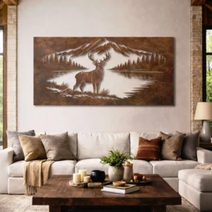 Deer by Mountain Lake Metal Wall Art, Oversized Rustic Nature Scene, Optional RGB LED, Cabin Decor and Outdoor Lover Gift