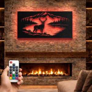 Deer by Mountain Lake Metal Wall Art, Oversized Rustic Nature Scene, Optional RGB LED, Cabin Decor and Outdoor Lover Gift