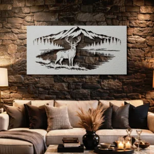 Deer by Mountain Lake Metal Wall Art, Oversized Rustic Nature Scene, Optional RGB LED, Cabin Decor and Outdoor Lover Gift