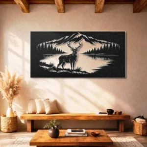 Deer by Mountain Lake Metal Wall Art, Oversized Rustic Nature Scene, Optional RGB LED, Cabin Decor and Outdoor Lover Gift