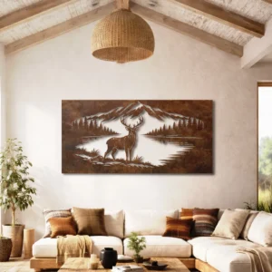 Deer by Mountain Lake Metal Wall Art, Oversized Rustic Nature Scene, Optional RGB LED, Cabin Decor and Outdoor Lover Gift