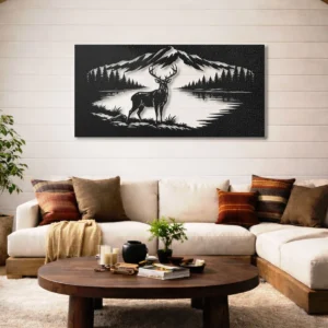 Deer by Mountain Lake Metal Wall Art, Oversized Rustic Nature Scene, Optional RGB LED, Cabin Decor and Outdoor Lover Gift