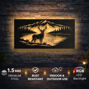Deer by Mountain Lake Metal Wall Art, Oversized Rustic Nature Scene, Optional RGB LED, Cabin Decor and Outdoor Lover Gift