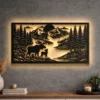 Oversized rustic metal wall art featuring a deer family in a forest landscape.