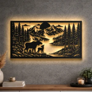 Oversized rustic metal wall art featuring a deer family in a forest landscape