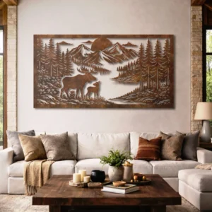 Deer Family Forest Landscape Metal Wall Art, Extra Large Rustic Woodland Decor, Optional RGB LED, Wildlife Enthusiast Gift