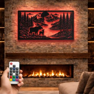 Deer Family Forest Landscape Metal Wall Art, Extra Large Rustic Woodland Decor, Optional RGB LED, Wildlife Enthusiast Gift