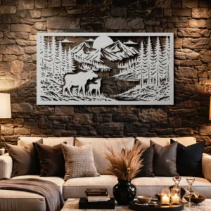 Deer Family Forest Landscape Metal Wall Art, Extra Large Rustic Woodland Decor, Optional RGB LED, Wildlife Enthusiast Gift