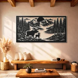 Deer Family Forest Landscape Metal Wall Art, Extra Large Rustic Woodland Decor, Optional RGB LED, Wildlife Enthusiast Gift