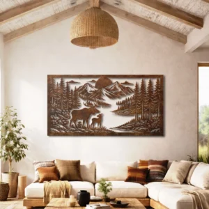 Deer Family Forest Landscape Metal Wall Art, Extra Large Rustic Woodland Decor, Optional RGB LED, Wildlife Enthusiast Gift