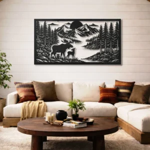 Deer Family Forest Landscape Metal Wall Art, Extra Large Rustic Woodland Decor, Optional RGB LED, Wildlife Enthusiast Gift