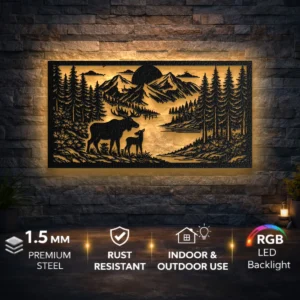 Deer Family Forest Landscape Metal Wall Art, Extra Large Rustic Woodland Decor, Optional RGB LED, Wildlife Enthusiast Gift