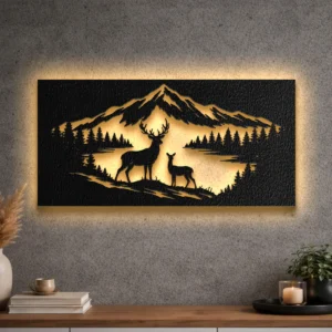 Oversized rustic deer family metal wall art with LED lighting