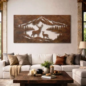 Deer Family Mountain Scene Metal Wall Art, Oversized Rustic Wilderness Decor, Optional RGB LED, Outdoor Enthusiast Gift