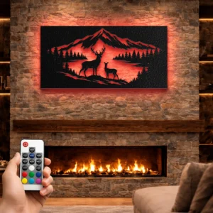 Deer Family Mountain Scene Metal Wall Art, Oversized Rustic Wilderness Decor, Optional RGB LED, Outdoor Enthusiast Gift