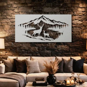 Deer Family Mountain Scene Metal Wall Art, Oversized Rustic Wilderness Decor, Optional RGB LED, Outdoor Enthusiast Gift