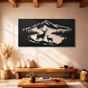 Deer Family Mountain Scene Metal Wall Art, Oversized Rustic Wilderness Decor, Optional RGB LED, Outdoor Enthusiast Gift
