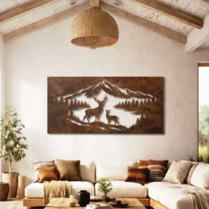 Deer Family Mountain Scene Metal Wall Art, Oversized Rustic Wilderness Decor, Optional RGB LED, Outdoor Enthusiast Gift