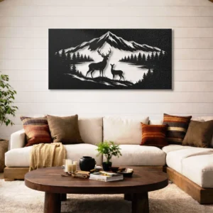 Deer Family Mountain Scene Metal Wall Art, Oversized Rustic Wilderness Decor, Optional RGB LED, Outdoor Enthusiast Gift