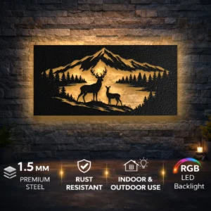 Deer Family Mountain Scene Metal Wall Art, Oversized Rustic Wilderness Decor, Optional RGB LED, Outdoor Enthusiast Gift