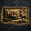 Oversized rustic metal wall art featuring a majestic deer in a forest mountain scene.