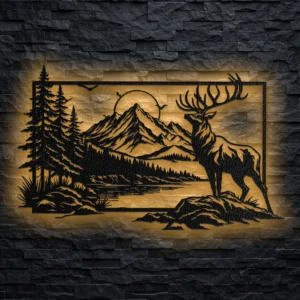 Oversized rustic metal wall art featuring a majestic deer in a forest mountain scene