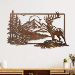 Deer Forest Mountain Scene Metal Wall Art, Oversized Rustic Cabin Decor, Lake and Trees Design, Optional RGB LED, Nature Lover Gift