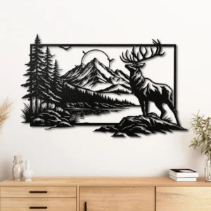 Deer Forest Mountain Scene Metal Wall Art, Oversized Rustic Cabin Decor, Lake and Trees Design, Optional RGB LED, Nature Lover Gift