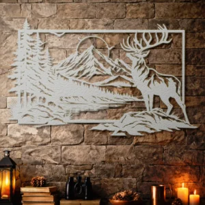 Deer Forest Mountain Scene Metal Wall Art, Oversized Rustic Cabin Decor, Lake and Trees Design, Optional RGB LED, Nature Lover Gift