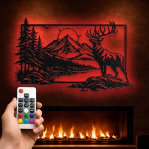 Deer Forest Mountain Scene Metal Wall Art, Oversized Rustic Cabin Decor, Lake and Trees Design, Optional RGB LED, Nature Lover Gift