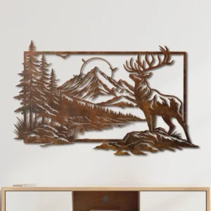 Deer Forest Mountain Scene Metal Wall Art, Oversized Rustic Cabin Decor, Lake and Trees Design, Optional RGB LED, Nature Lover Gift