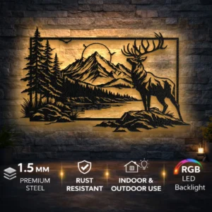 Deer Forest Mountain Scene Metal Wall Art, Oversized Rustic Cabin Decor, Lake and Trees Design, Optional RGB LED, Nature Lover Gift