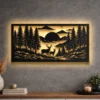 A large rustic deer forest mountain scene metal wall art with LED backlighting.